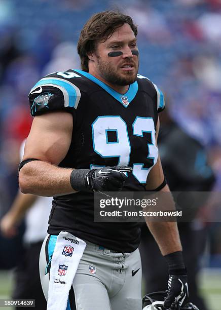 Chase Blackburn of the Carolina Panthers warms up before NFL game action against the Buffalo Bills at Ralph Wilson Stadium on September 15, 2013 in...