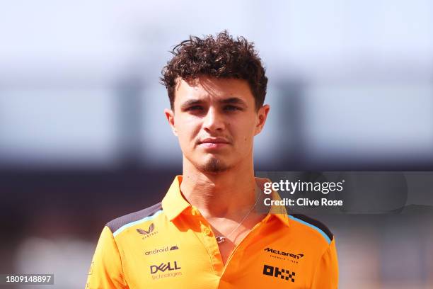 Lando Norris of Great Britain and McLaren walks in the Paddock during previews ahead of the F1 Grand Prix of Abu Dhabi at Yas Marina Circuit on...