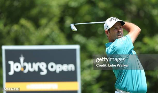 Jaco Van Zyl of South Africa plays his tee shot on the 16th hole during Day One of the Joburg Open at Houghton GC on November 23, 2023 in...