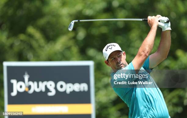 Jaco Van Zyl of South Africa plays his tee shot on the 16th hole during Day One of the Joburg Open at Houghton GC on November 23, 2023 in...