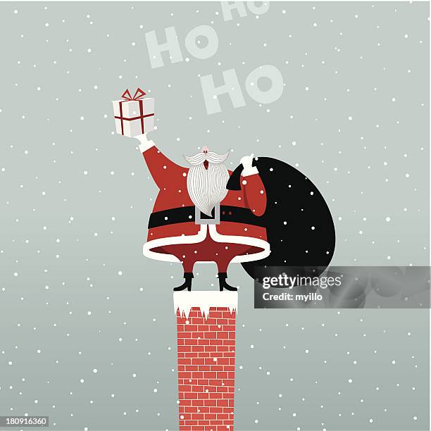 santa claus in chimney retro gift present illustration vector myillo - chimney stock illustrations