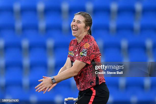 Georgia Wareham of the Renegades celebrates the wicket of Bryony Smith of the Hurricanes during the WBBL match between Hobart Hurricanes and...