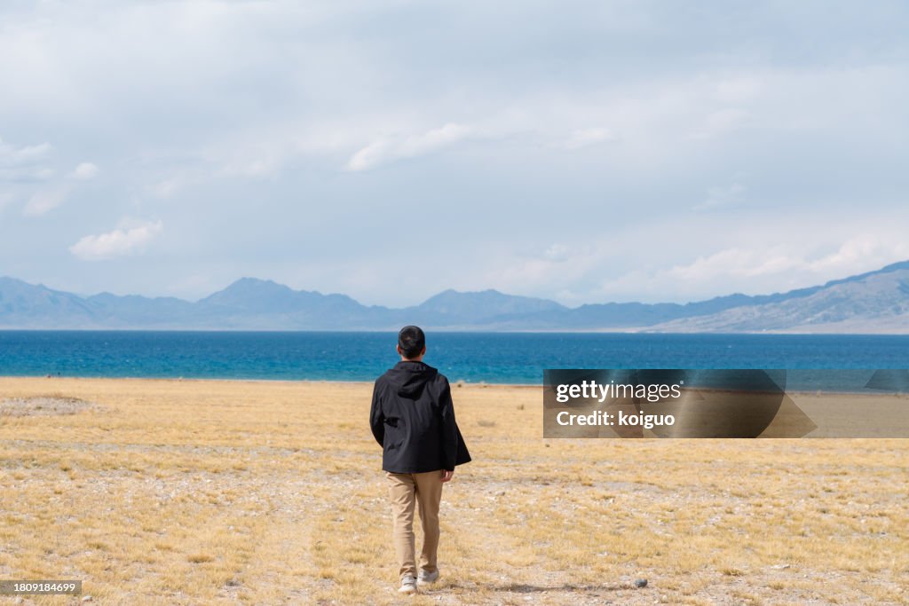 Back view of man on autumn grass