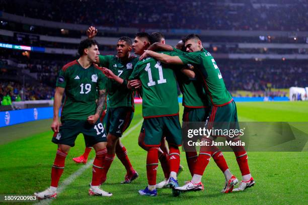 Edson Alvarez of Mexico celebrates with teammates after scoring the team's second goal during the CONCACAF Nations League quarterfinals second leg...