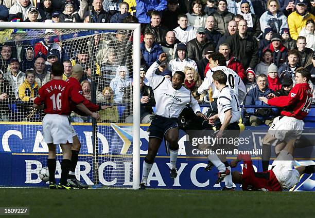 Bruno Ngotty of Bolton scores during the FA Barclaycard Premiership match between Bolton Wanderers and Manchester United at Reebok Stadium, Bolton,...