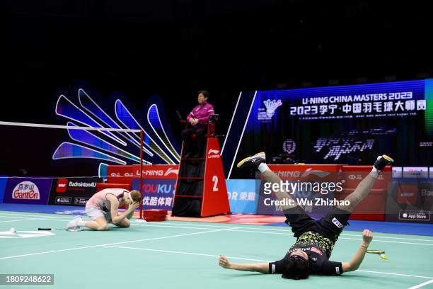 Naraoka Kodai of Japan celebrates after winning the Men's Singles second round match against Anders Antonsen of Denmark on day three of the China...