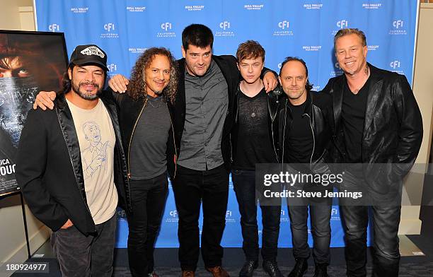 Robert Trujillo, Kirk Hammett, Nimrod Antal, Dane DeHaan, Lars Ulrich and James Hetfield attend the "Metallica Through The Never" U.S. Public...