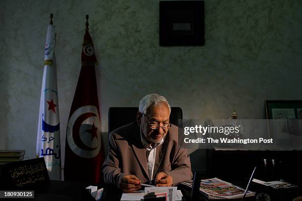 Rachid Ghannouchi, the leader of the Islamist An-Nadha ruling party talks to a reporter in his office in Tunis on September 4, 2013. His transitional...