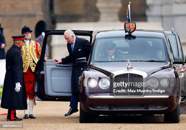 King Charles III is greeted by Sir Kenneth Olisa, Lord-Lieutenant of Greater London as he arrives, in his chauffeur driven Bentley State Limousine,...