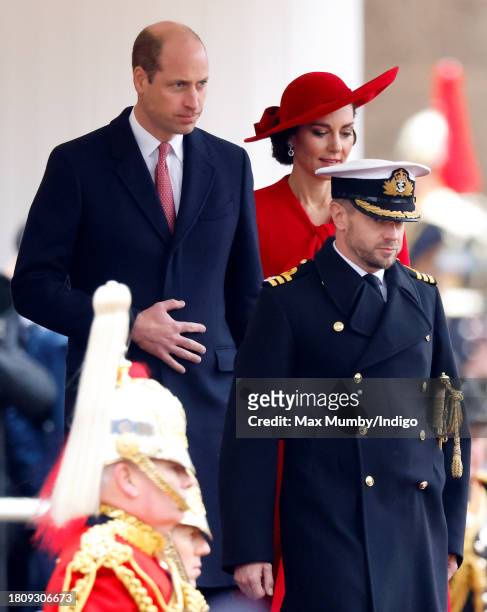 Prince William, Prince of Wales and Catherine, Princess of Wales, accompanied by their equerry Commander Rob Dixon, attend a ceremonial welcome, at...