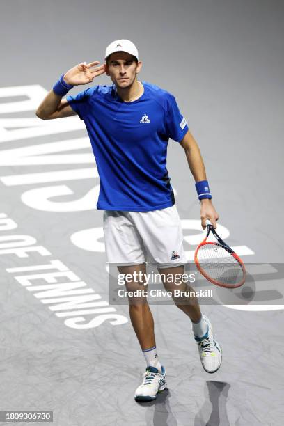 Matteo Arnaldi of Italy celebrates winning the first set during the Quarter-Final match against Botic van de Zandschulp of the Netherlands in the...