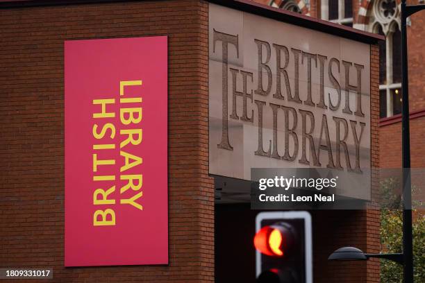 General view of the exterior signage at The British Library on November 23, 2023 in London, England. Rhysida, a ransomware group, has claimed...