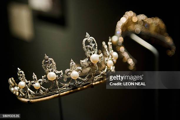 The Lady Raine Spencer tiara, owned by stepmother to the late Diana, Princess of Wales is displayed in the V&A's "Pearls" exhibition in west London...
