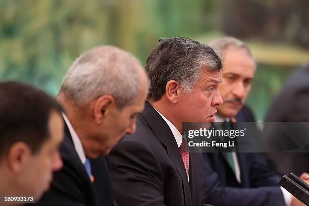 King Abdullah II bin Al Hussein of Jordan meets with Chinese Premier Li Keqiang at the Great Hall of the People on September 18, 2013 in Beijing,...