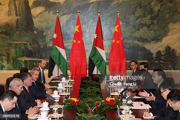King Abdullah II bin Al Hussein of Jordan meets with Chinese Premier Li Keqiang at the Great Hall of the People on September 18, 2013 in Beijing,...