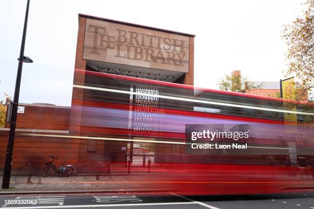 General view of the exterior signage at The British Library on November 23, 2023 in London, England. Rhysida, a ransomware group, has claimed...