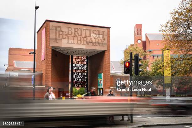 General view of the exterior signage at The British Library on November 23, 2023 in London, England. Rhysida, a ransomware group, has claimed...