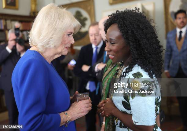 Queen Camilla speaks to Esi Edugyan, chair of the 2023 Booker Prize judges during the Booker Prize Foundation reception at Clarence House on November...