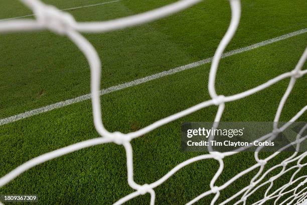 November 21: : A generic image of a professional soccer goal mouth showing the netting and goal mouth white line at Aviva Stadium on November 21 in...