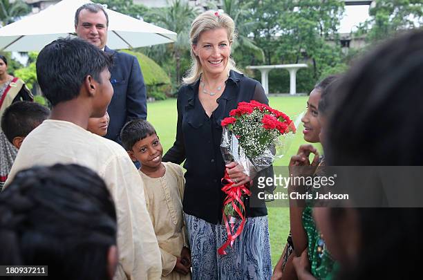 Sophie, Countess of Wessex meets schoolchildren during a welcome at the ITC Sonar Kolkata Hotel on day 1 of her visit to India with the Charity ORBIS...