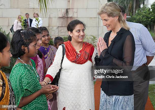 Sophie, Countess of Wessex meets schoolchildren during a welcome at the ITC Sonar Kolkata Hotel on day 1 of her visit to India with the Charity ORBIS...