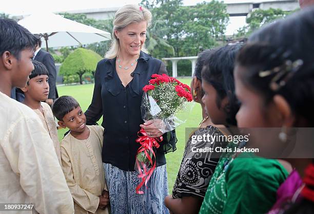 Sophie, Countess of Wessex meets schoolchildren during a welcome at the ITC Sonar Kolkata Hotel on day 1 of her visit to India with the Charity ORBIS...