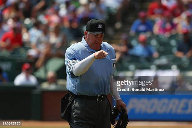 Homeplate umpire Joe West at Rangers Ballpark in Arlington on September 14, 2013 in Arlington, Texas.