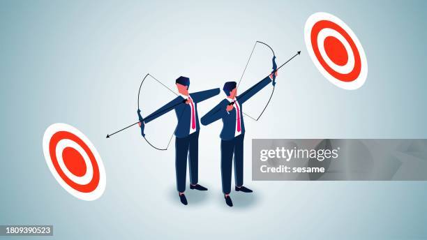 shooting training, target shooting, skillful training to improve professional ability, equidistant businessmen holding bows and arrows back to back to shoot at the bull's eye - financial analyst stock illustrations