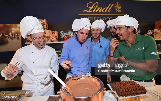 Gonzalo Fernandez Castano of Spain, Fredrik Andersson-Hed of Sweden, Alvaro Quiros of Spain and Matteo Manassero of Italy discover how Lindt...