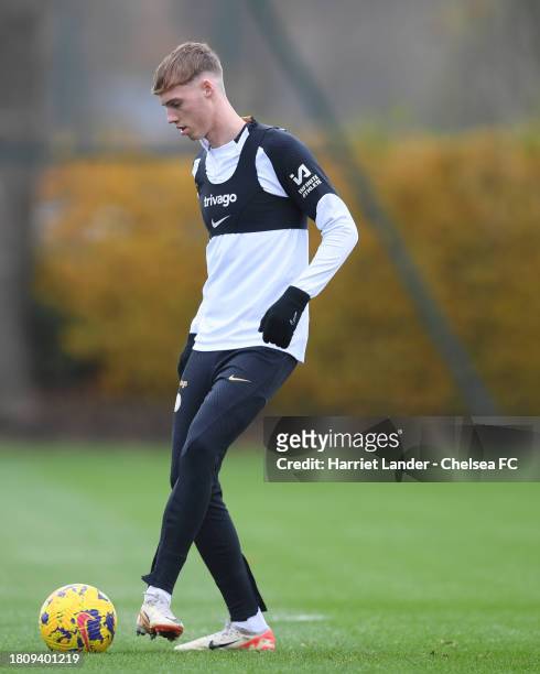 Cole Palmer of Chelsea in action during a Chelsea FC Training Session at Chelsea Training Ground on November 22, 2023 in Cobham, England.