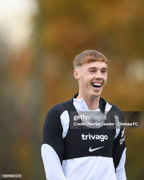 Cole Palmer of Chelsea reacts during a Chelsea FC Training Session at Chelsea Training Ground on November 22, 2023 in Cobham, England.