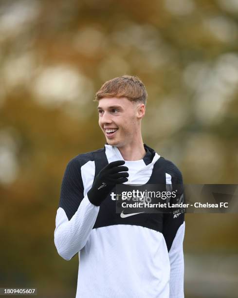 Cole Palmer of Chelsea reacts during a Chelsea FC Training Session at Chelsea Training Ground on November 22, 2023 in Cobham, England.