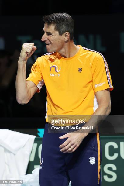 Paul Haarhuis of The Netherlands celebrates a point during the Quarter-Final match against Italy in the Davis Cup Final at Palacio de Deportes Jose...