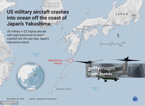 An infographic titled "US military aircraft crashes into ocean off the coast of Japan's Yakushima" created in Ankara, Turkiye on November 29, 2023....