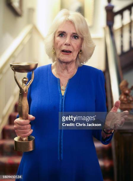 Queen Camilla makes a speech as shehosts the Booker Prize Foundation reception at Clarence House on November 23, 2023 in London, England.