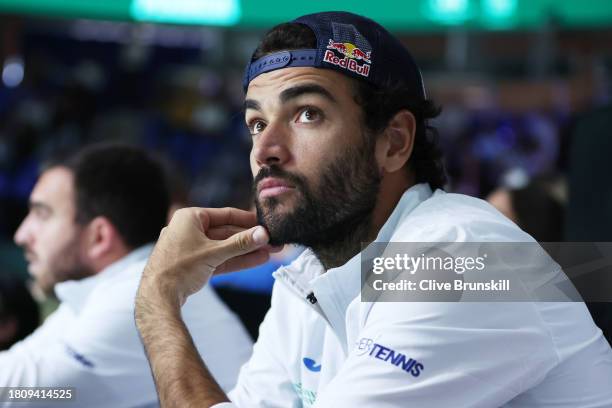 Matteo Berrettini of Italy looks on during the Quarter-Final match against The Netherlands in the Davis Cup Final at Palacio de Deportes Jose Maria...