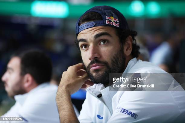 Matteo Berrettini of Italy looks on during the Quarter-Final match against The Netherlands in the Davis Cup Final at Palacio de Deportes Jose Maria...