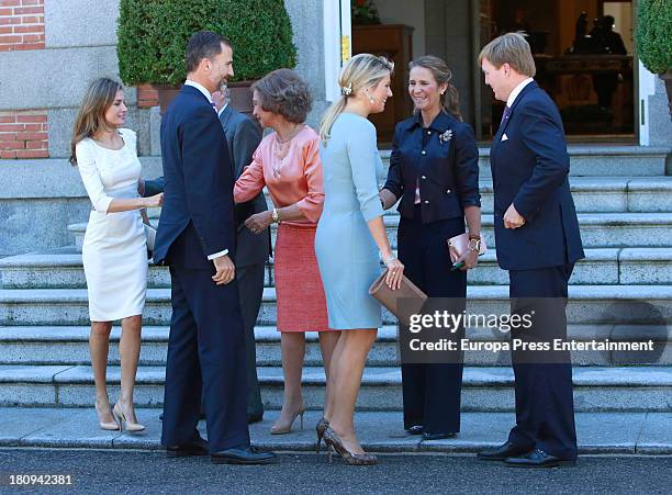 Prince Felipe of Spain , Princess Letizia of Spain , Queen Sofia of Spain and Princess Elena of Spain receives the visit of King Willem Alexander and...