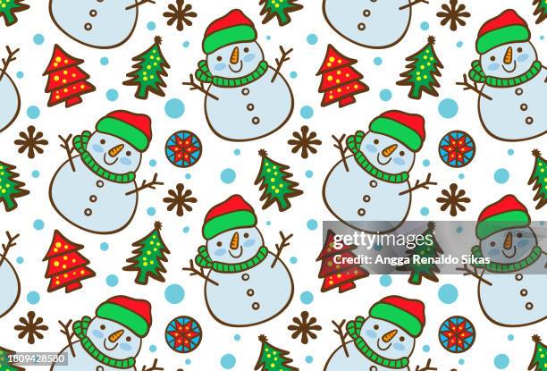 funny christmas snowman with christmas tree and decorative objects seamless pattern - matching shirts stock illustrations