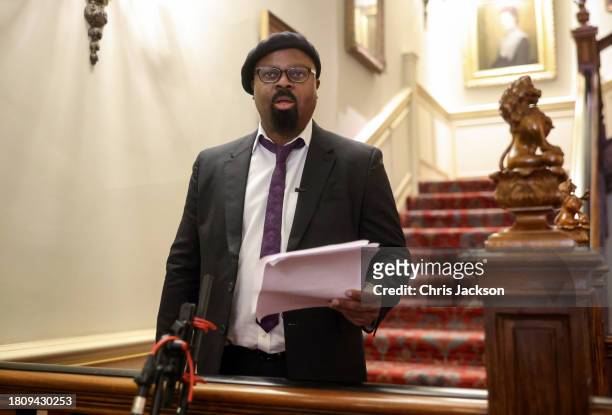 Sir Ben Okri makes a speech during the Booker Prize Foundation reception at Clarence House on November 23, 2023 in London, England.