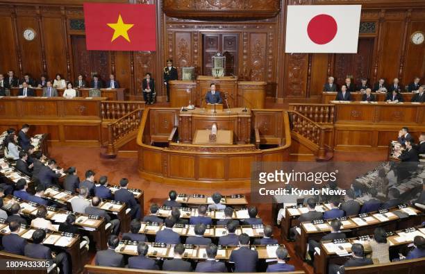 Vietnamese President Vo Van Thuong gives a speech in the Japanese parliament's House of Representatives chamber in Tokyo on Nov. 29, 2023.