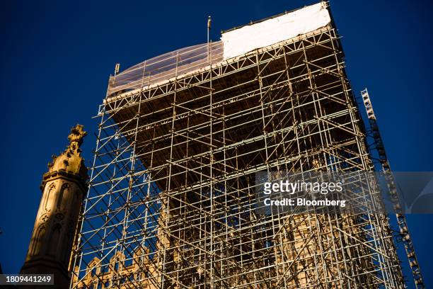 Scaffolding at King's College Chapel at Cambridge University, during the installation of solar panels, in Cambridge, UK, on Tuesday Nov. 28, 2023....