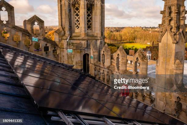 Solar panels on the roof of King's College Chapel at Cambridge University in Cambridge, UK, on Tuesday Nov. 28, 2023. The installation of 438 new...