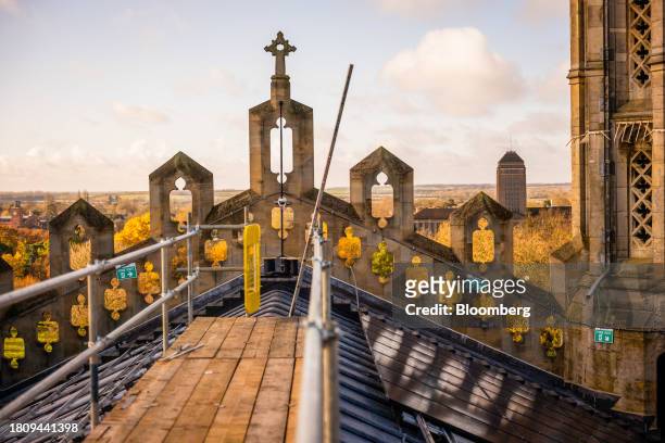 Solar panels on the roof of King's College Chapel at Cambridge University in Cambridge, UK, on Tuesday Nov. 28, 2023. The installation of 438 new...