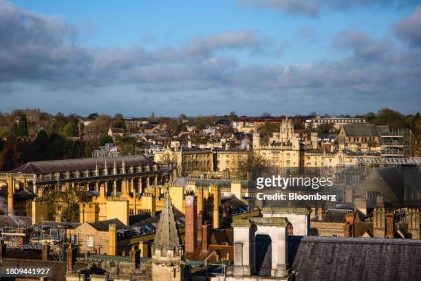 Rooftops on the skyline of Cambridge from the roof of King's College Chapel at Cambridge University in Cambridge in UK, on Tuesday, Nov. 28, 2023....