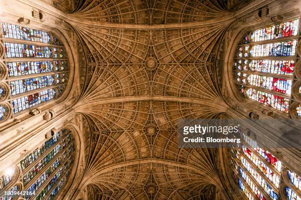 Fan vaulted stone ceiling at King's College Chapel at Cambridge University in Cambridge, UK, on Tuesday, Nov. 28, 2023. The installation of 438 new...