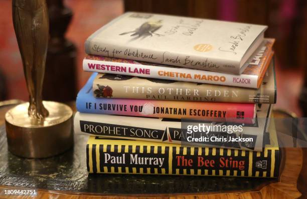 General view of the six shortlisted books during the Booker Prize Foundation reception hosted by Queen Camilla at Clarence House on November 23, 2023...