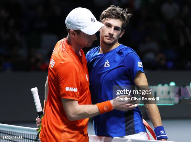 Botic van de Zandschulp of the Netherlands celebrates winning match point during the Quarter-Final match against Matteo Arnaldi of Italy in Davis Cup...