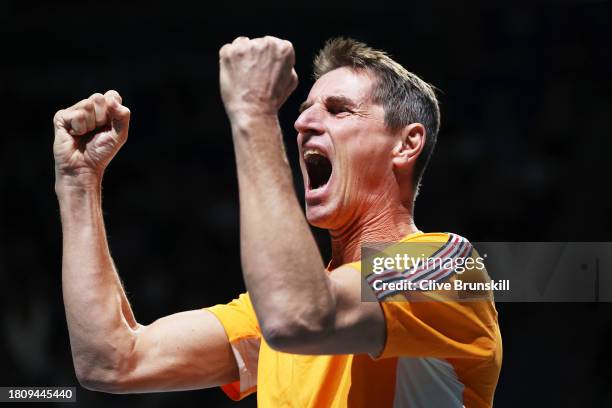 Paul Haarhuis of The Netherlands celebrates winning match point during the Quarter-Final match 1 against Italy in the Davis Cup Final at Palacio de...