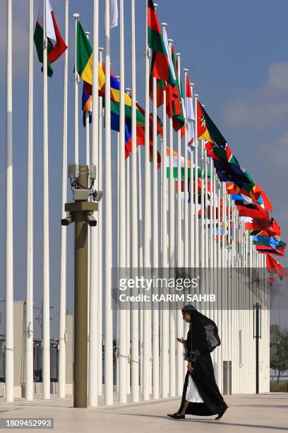 Woman walks past the national flags of the participating countries outside the venue of the COP28 United Nations climate summit in Dubai on November...